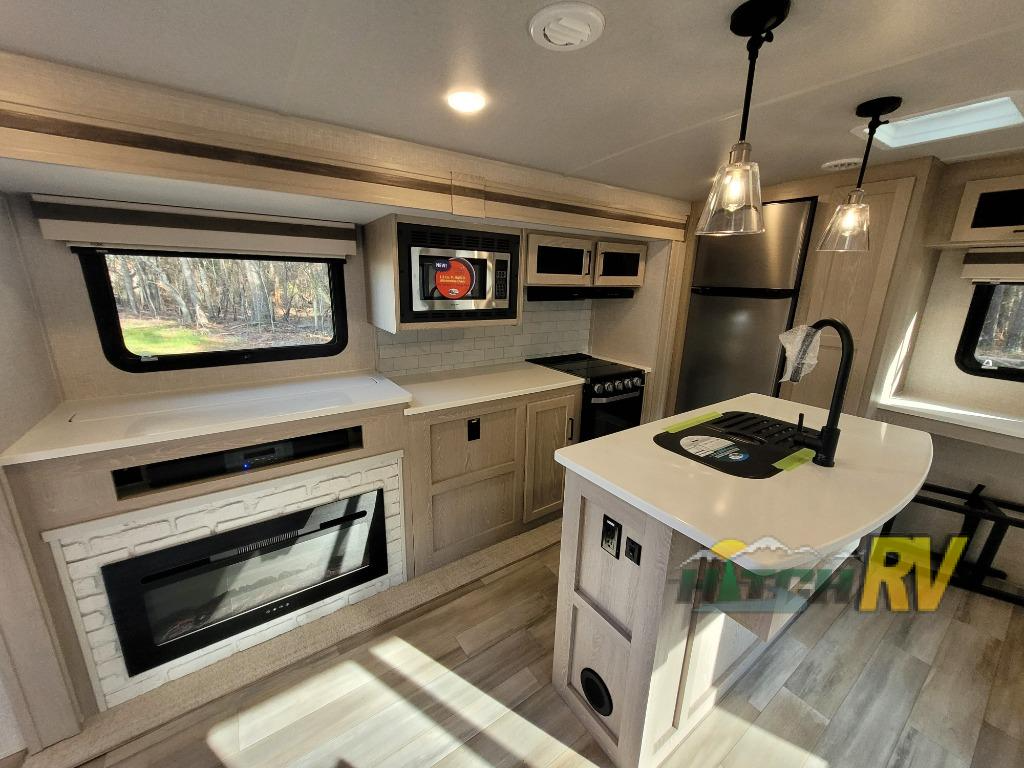 Living and kitchen in the Forest River Rockwood Ultra Lite travel trailer